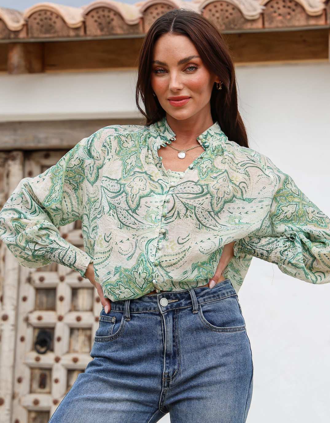 132-fashion-dana-shirred-cuff-button-blouse-green-womens-clothing