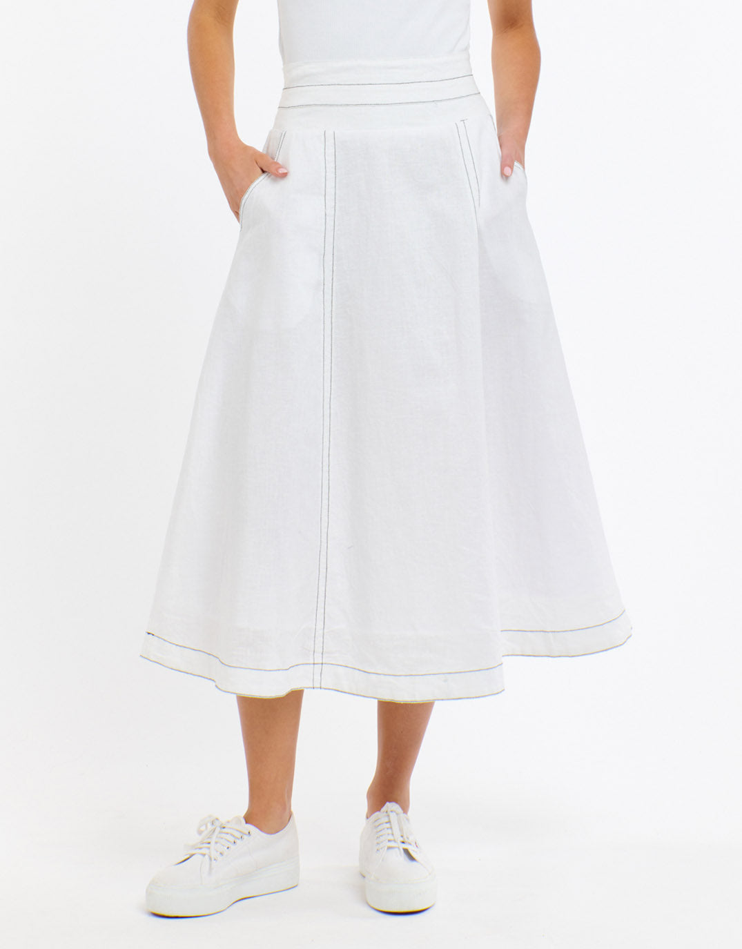 Dakota Linen Skirt - White with Choc Stitch