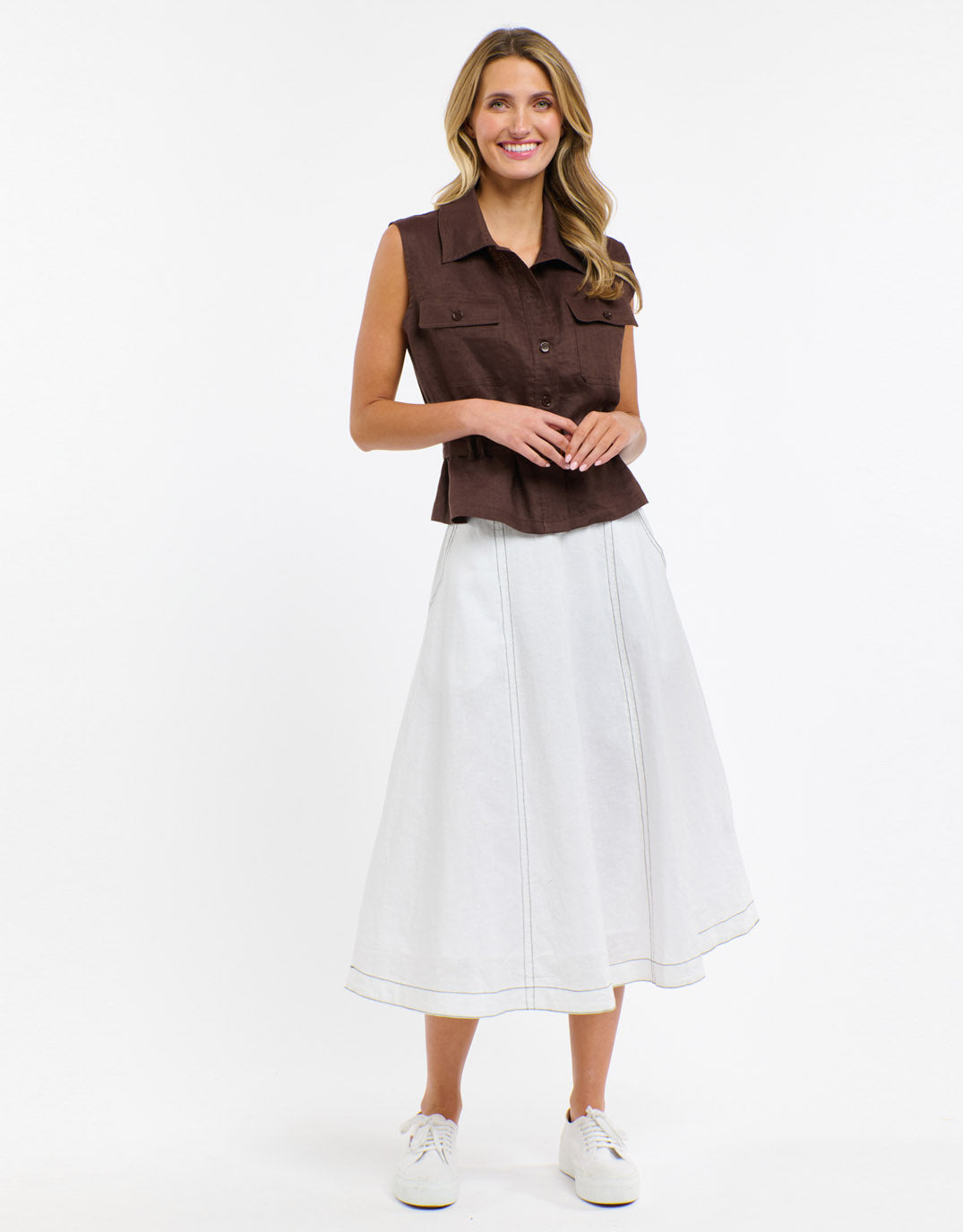 Dakota Linen Skirt - White with Choc Stitch