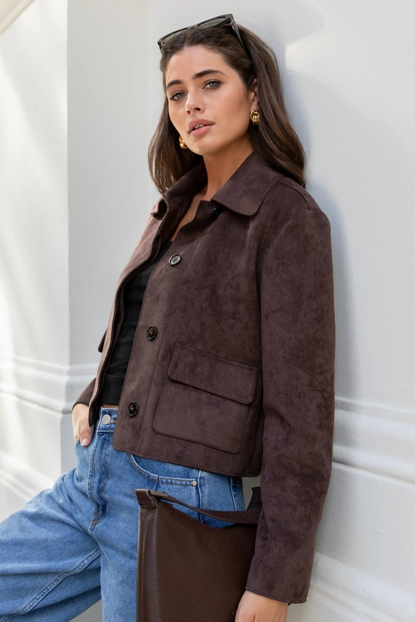 Exhibit Mock Suede Button Front Cropped Jacket - Chocolate