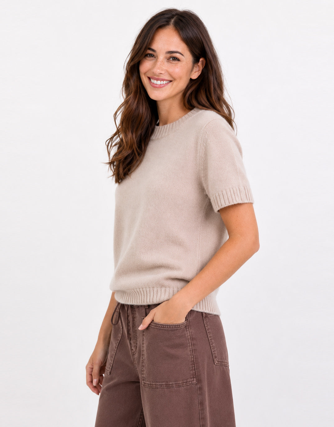 Goddess Wool Cashmere Knit Tee - Oat