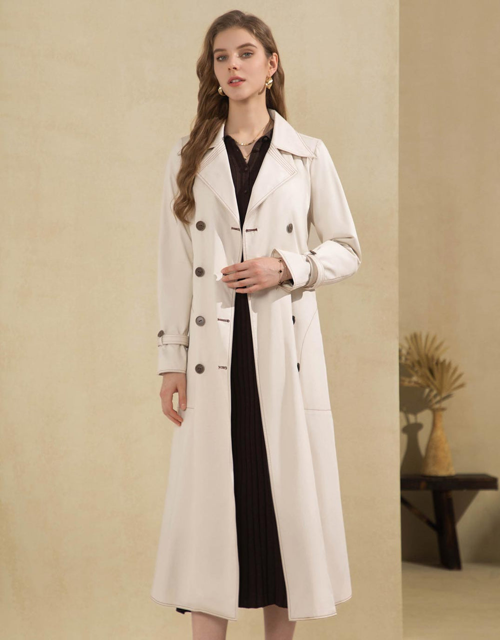 Marchesa Long Trench Coat - Beige