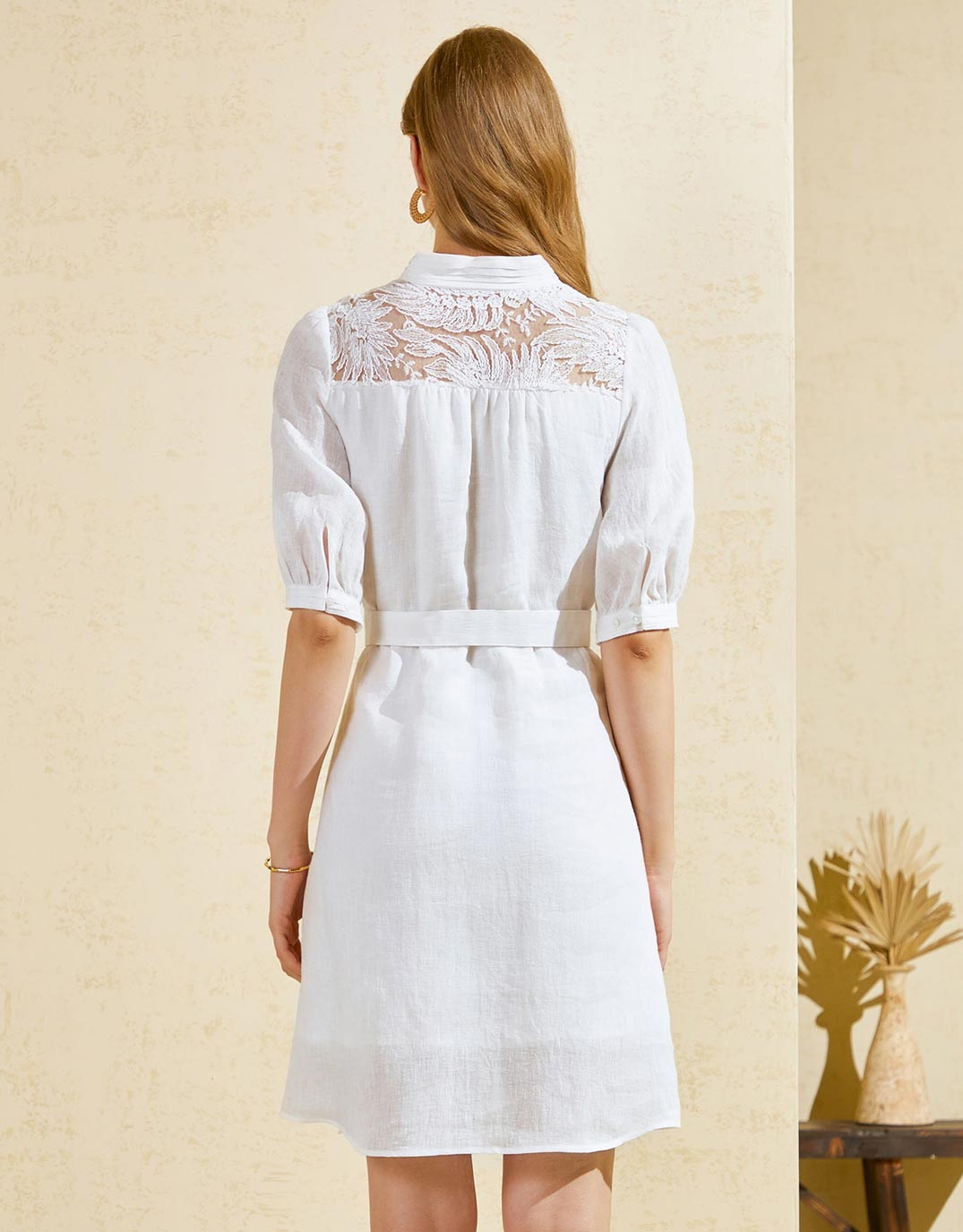 Ila Lace Short Sleeve Linen Dress - White