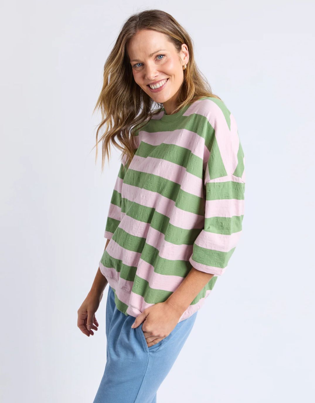 elm-mazie-block-stripe-sweat-forest-green-pink-lady-stripe-womens-clothing
