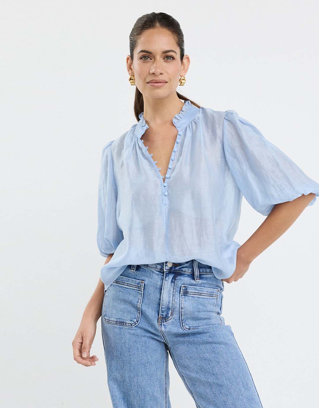 Closure Sheer High Neck Buttoned Top - Pale Blue