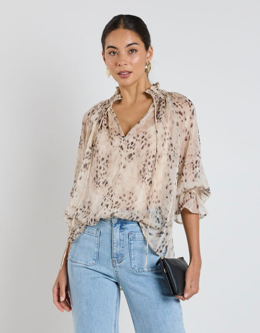 Odyssey Shirred Neck Top - Beige Animal Georgette