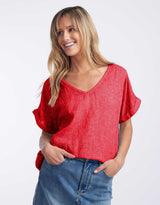 V Neck Calypso Linen Short Sleeve Top - Raspberry