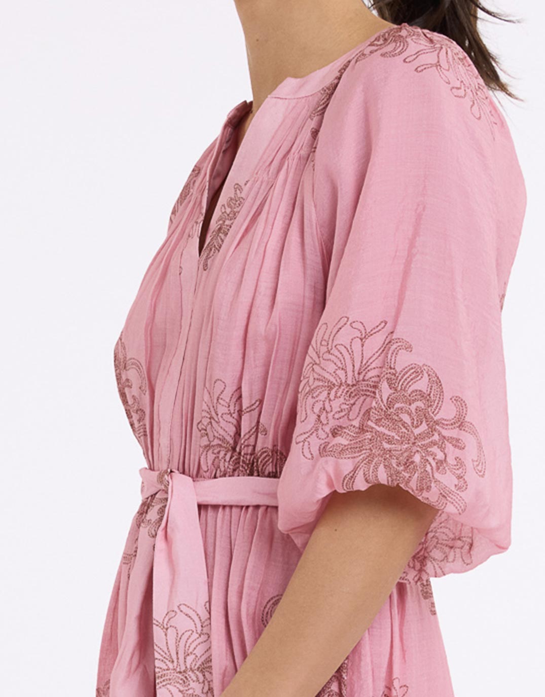 V-Neck Dress With Billow Sleeve - Choc/Pink