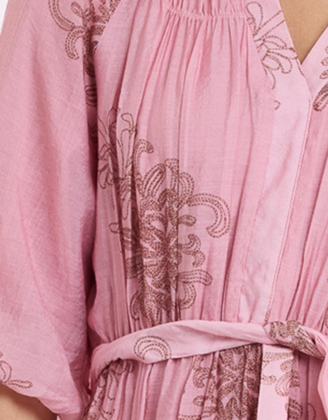 V-Neck Dress With Billow Sleeve - Choc/Pink