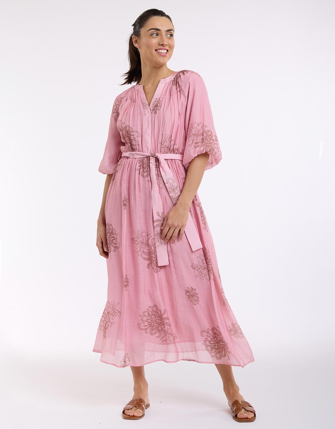 V-Neck Dress With Billow Sleeve - Choc/Pink