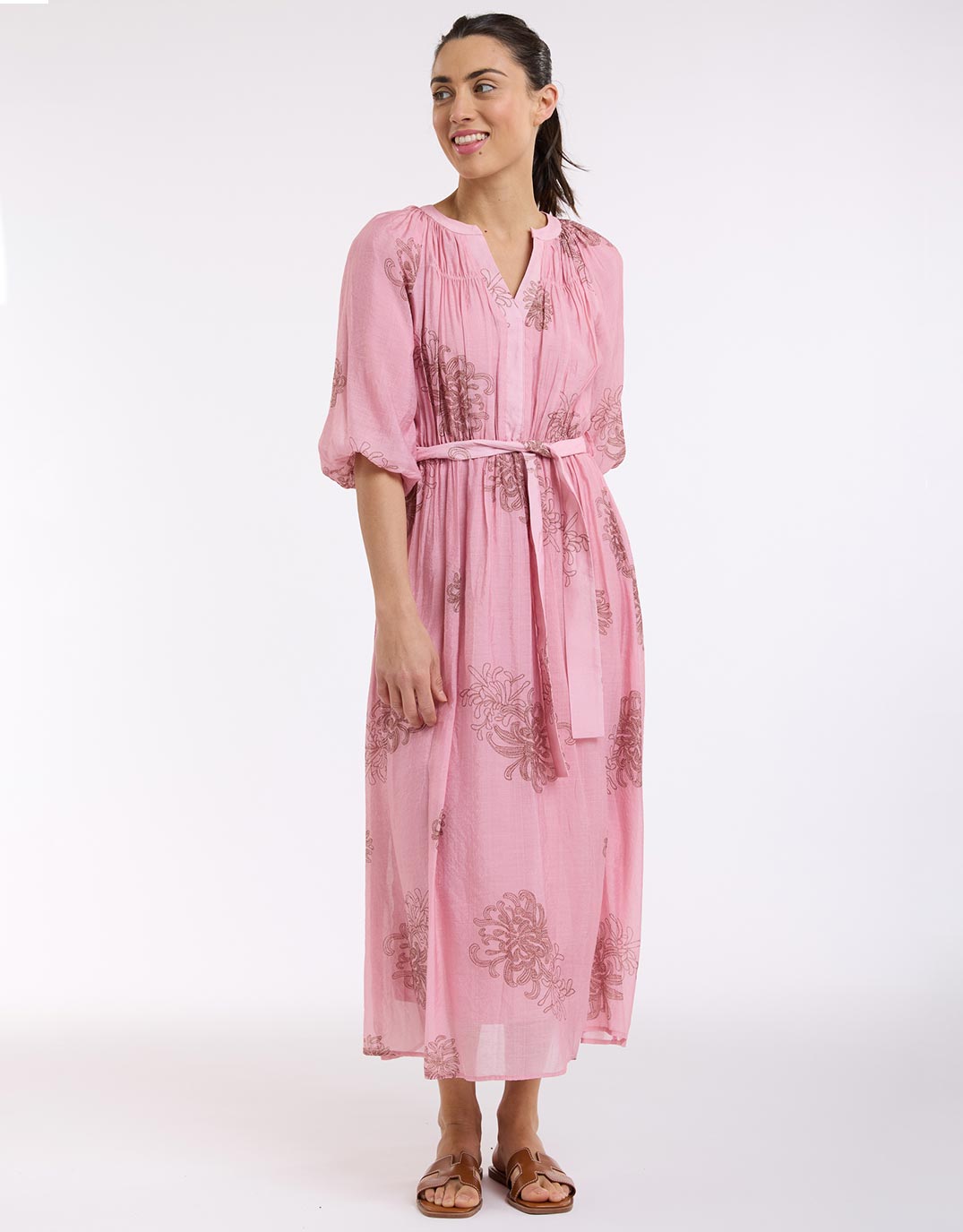 V-Neck Dress With Billow Sleeve - Choc/Pink