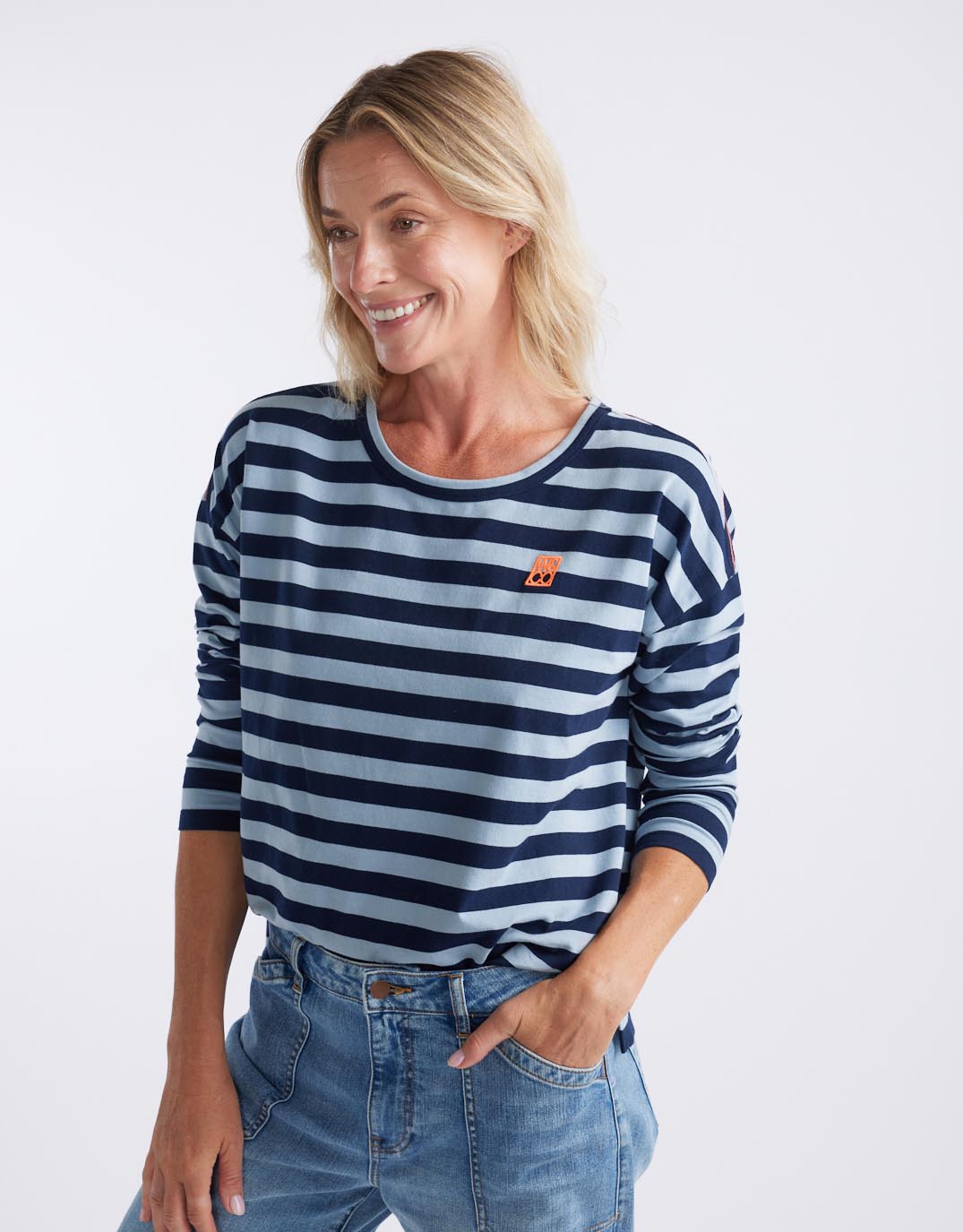 Relaxed Monogram Long Sleeve T-Shirt - Navy/Denim Stripe