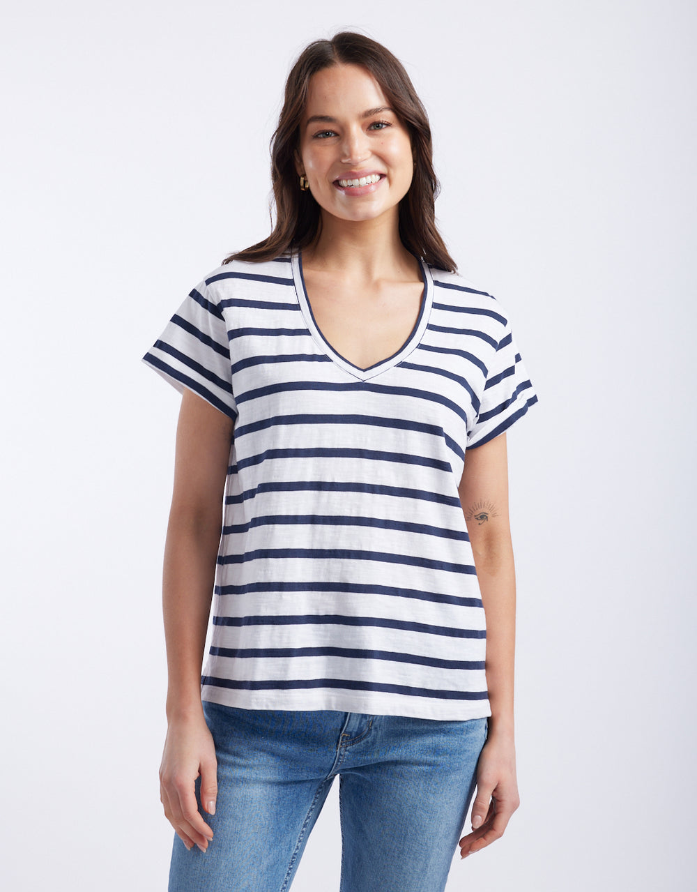 Turn Back V Neck T-Shirt - White/Navy Stripe