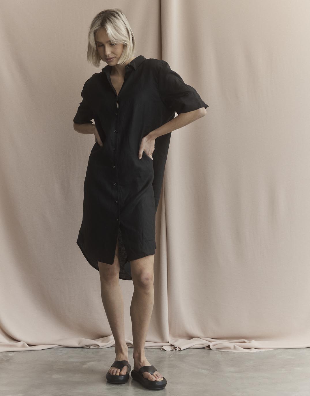 Hettie Linen Shirt Dress - Black