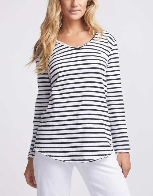paulaglazebrook. - Original V-Neck Long Sleeve T-Shirt - Black/White Stripe - paulaglazebrook Tops