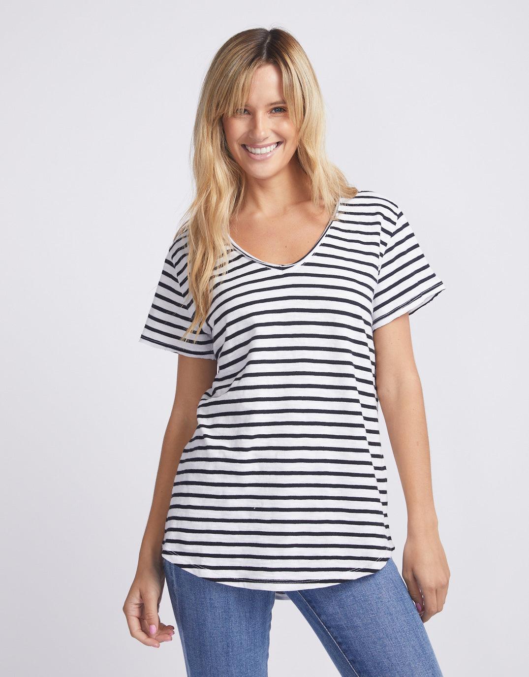 White & Co. - Original V Neck T-Shirt - Black/White Stripe - White & Co Living Tops