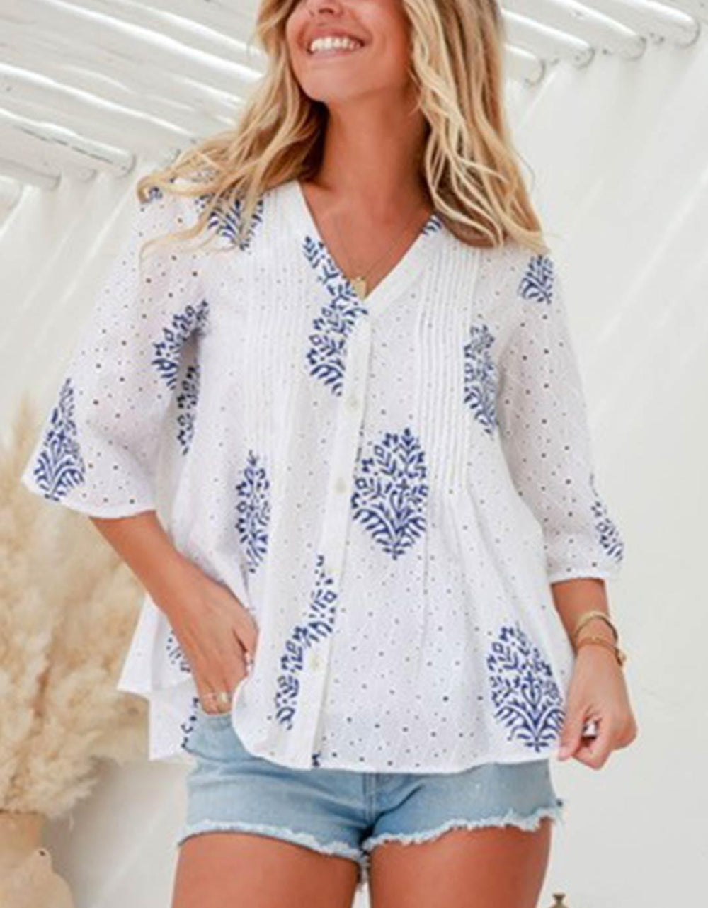 Cotton Broderie Print Top - White/Cobalt - White & Co Living