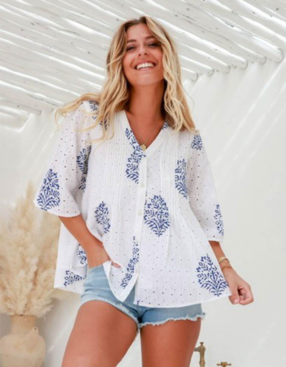 Cotton Broderie Print Top - White/Cobalt - White & Co Living