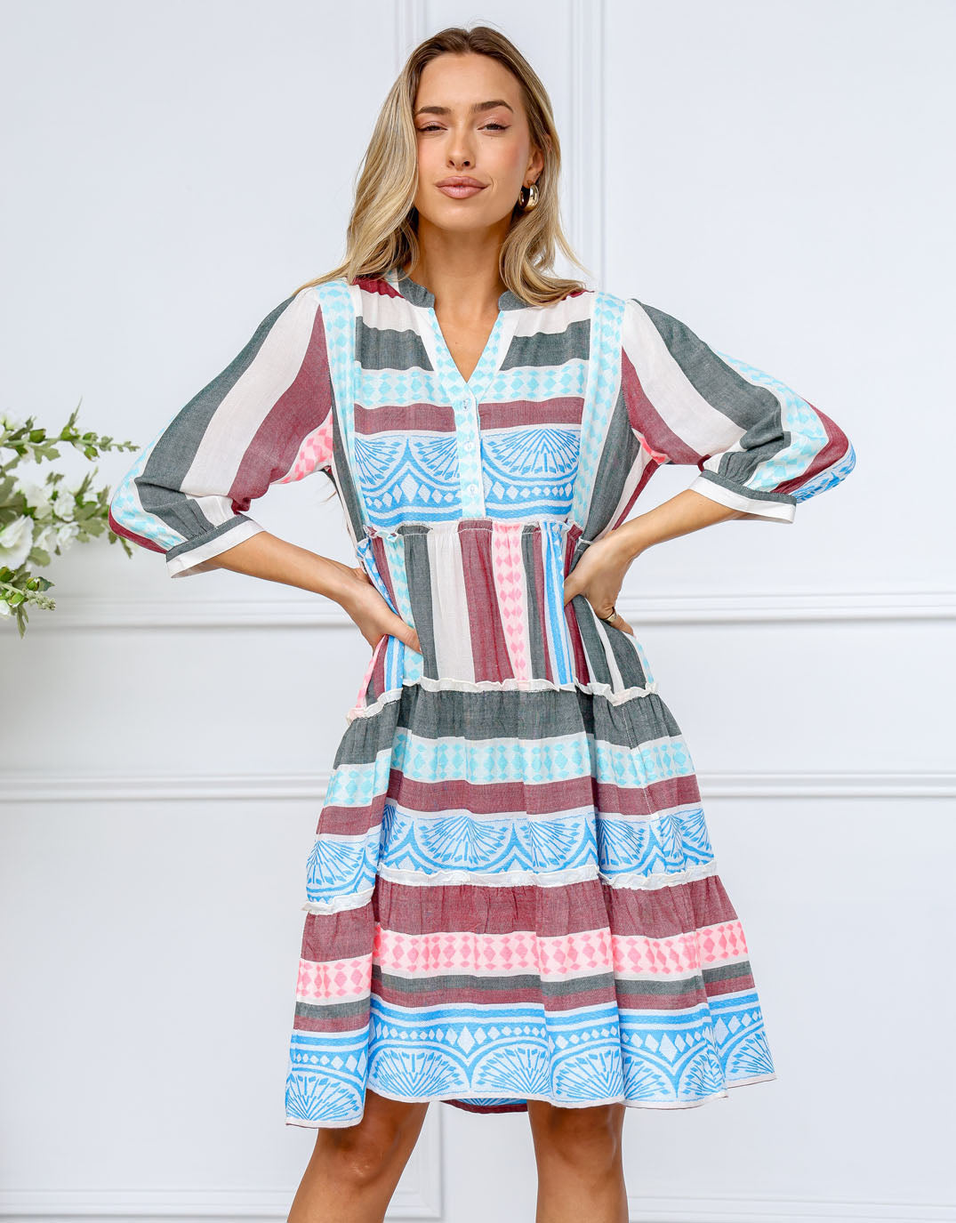 Mediterranean Dress - Blue/Pink/Charcoal