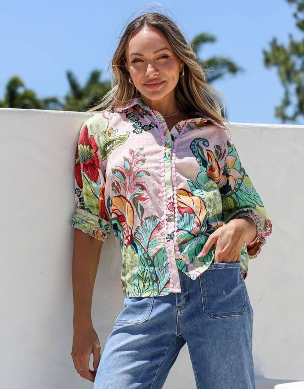 132-fashion-st-tropez-short-sleeve-shirt-pink-green-multi-womens-clothing