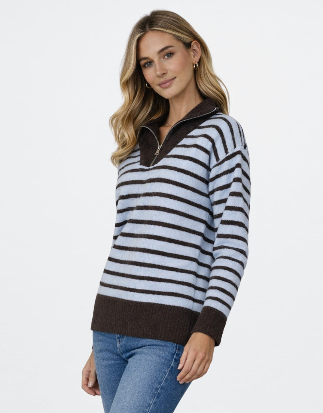 Pippa Stripe Zip Knit - Chocolate/Blue