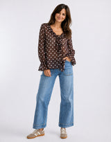 Bohemian Polka Dot Sheer Frill Front Blouse - Chocolate