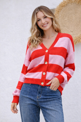 Briar Block Stripe Cardi - Red/Pink