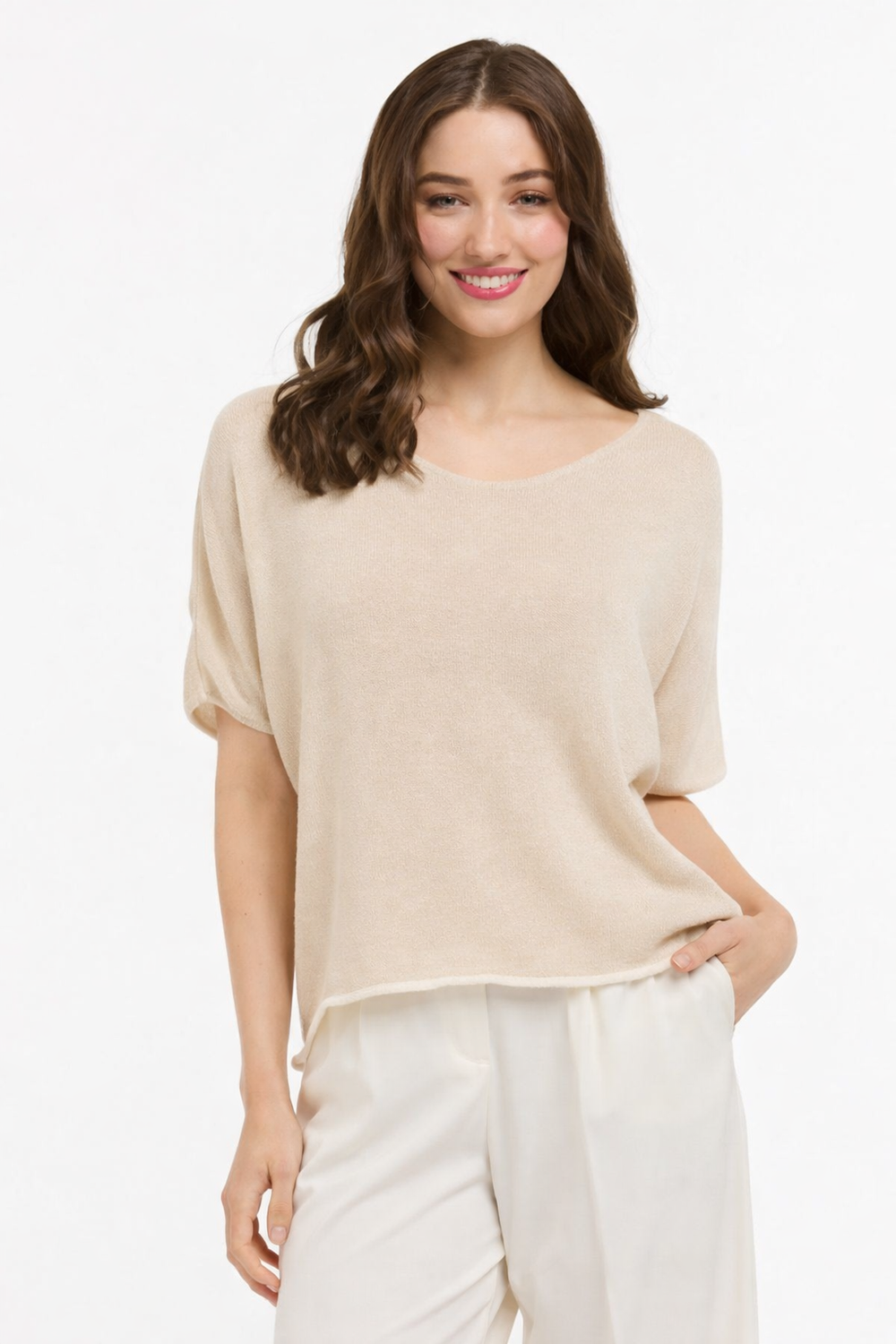 V Neck Tee - Beige/White