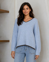 Jamie Contrast V Neck Knit - Blue/Choc