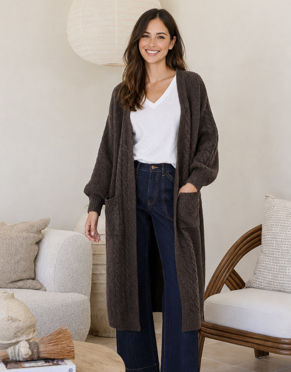 Longline Cable Cardi - Chocolate