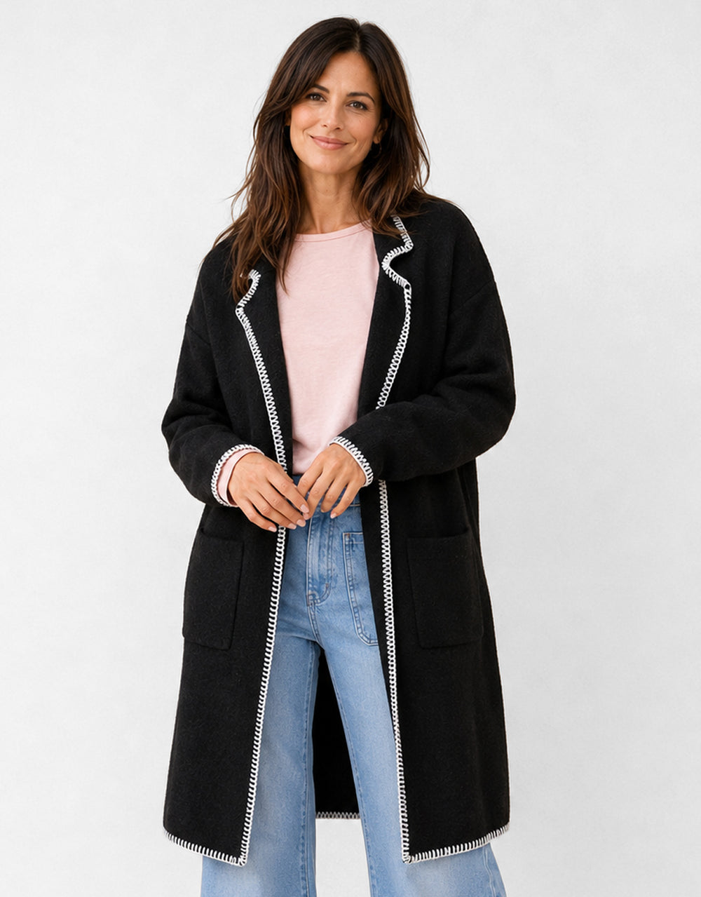 Noa Blanket Stitch Coatigan - Black