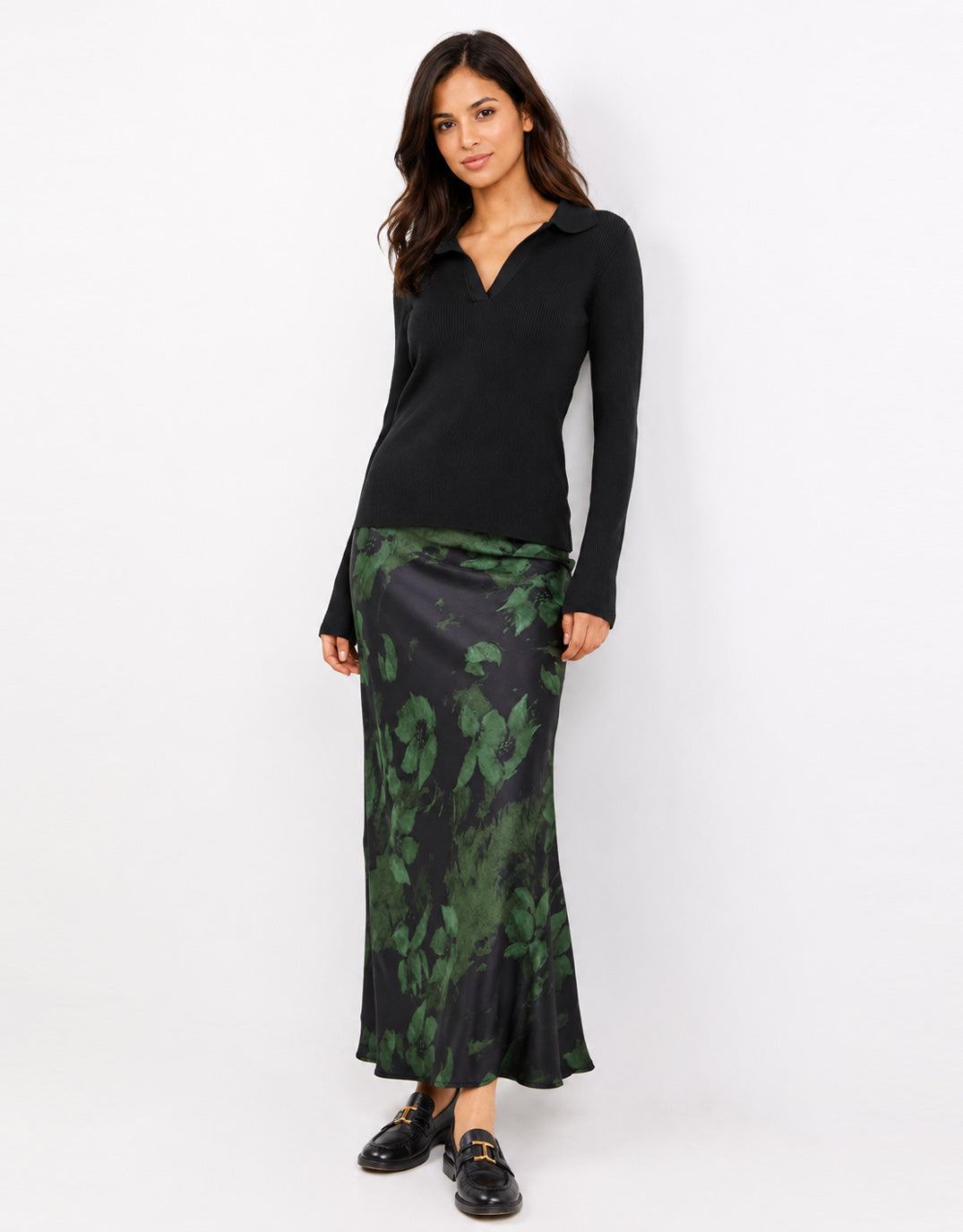 Prodigy Satin Bias Cut Maxi Skirt - Green Shadow Garden