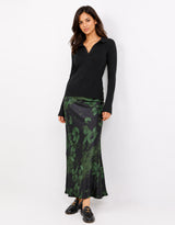 Prodigy Satin Bias Cut Maxi Skirt - Green Shadow Garden