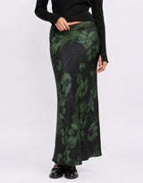 Prodigy Satin Bias Cut Maxi Skirt - Green Shadow Garden