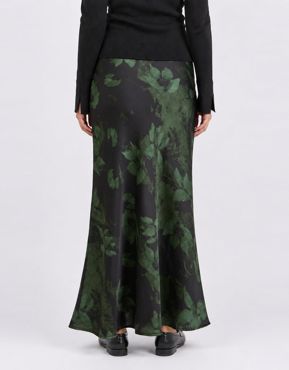 Prodigy Satin Bias Cut Maxi Skirt - Green Shadow Garden