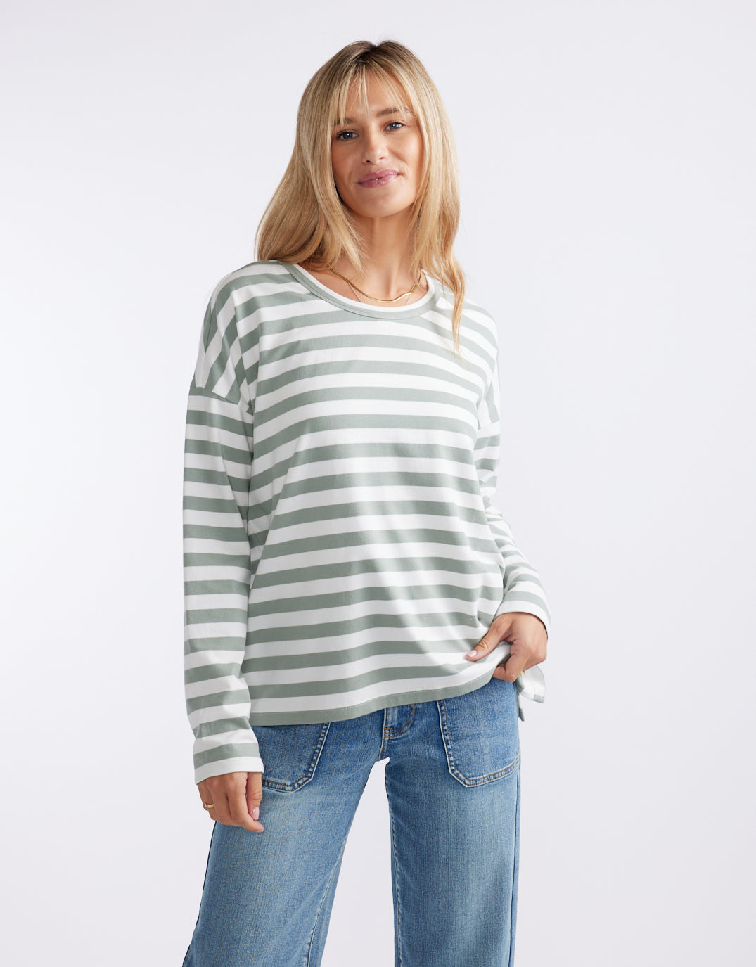 Relaxed Long Sleeve T-Shirt - Sage/Cream