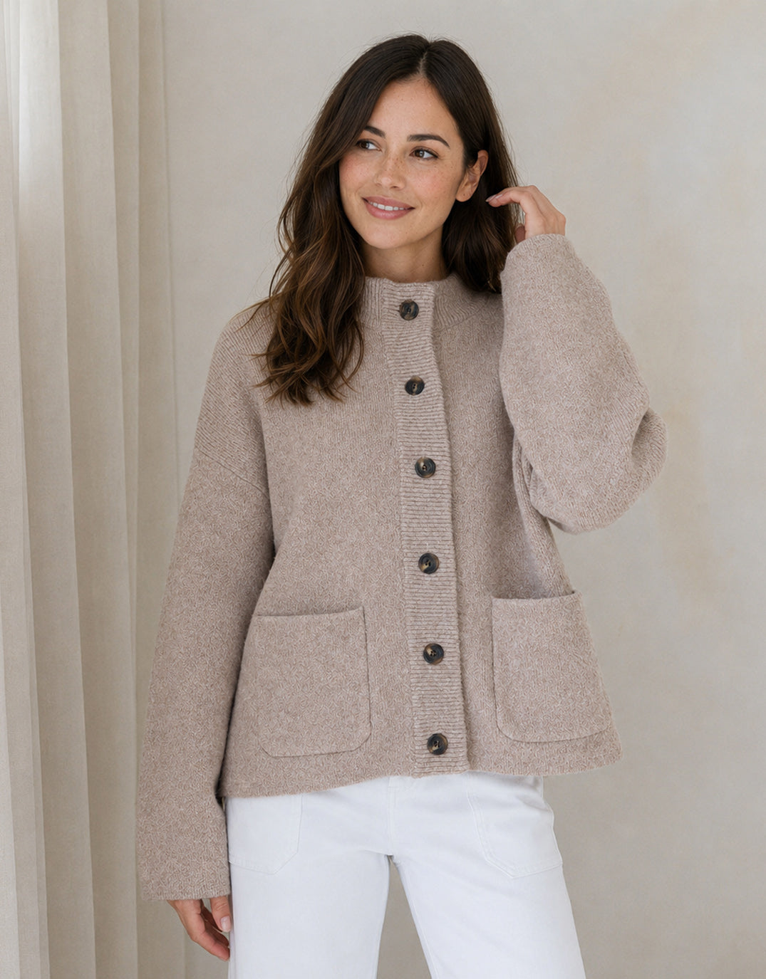 Romy Wool Blend Funnel Neck Cardigan - Warm Beige