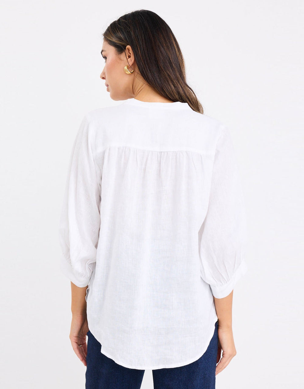Deity Linen Button Through Puff Sleeve - White