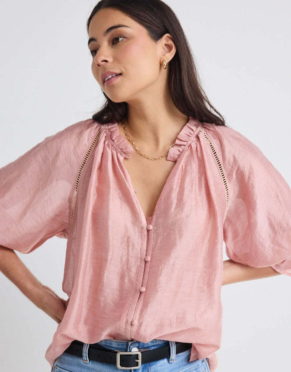 by-rosa-encounter-gathered-button-front-top-blush-womens-clothing