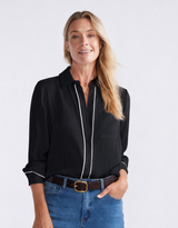 Charlize Drape Shirt - Black/White Piping