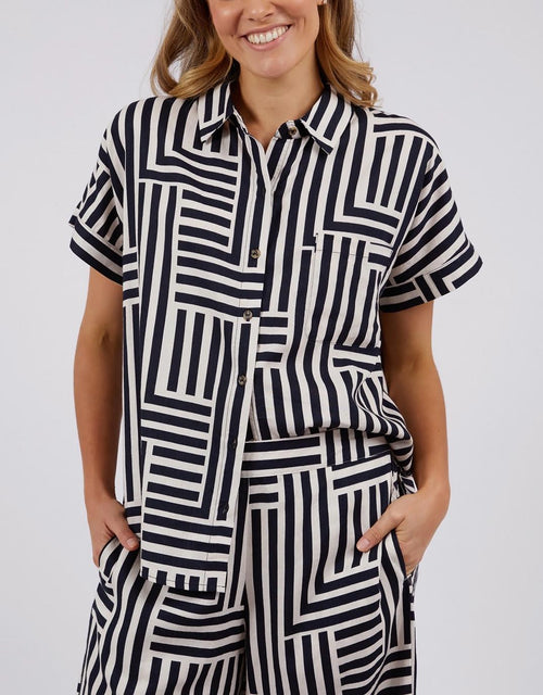 Elm - Bauhaus Short Sleeve Shirt - Navy/Oatmeal Stripe - White & Co Living Tops