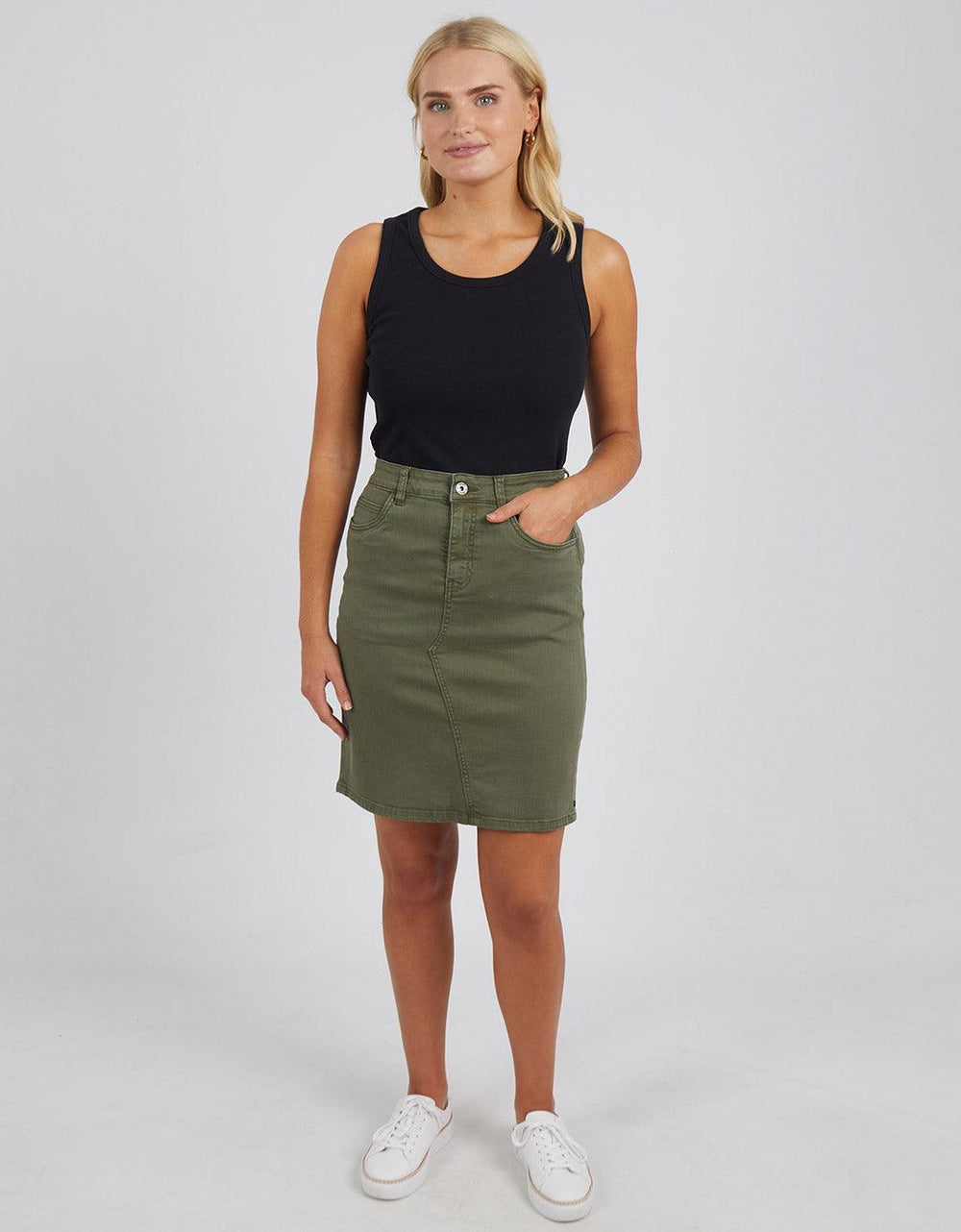 paulaglazebrook. | Elm Clothing | Belle Denim Skirt - Washed Khaki | Denim Skirts Australia