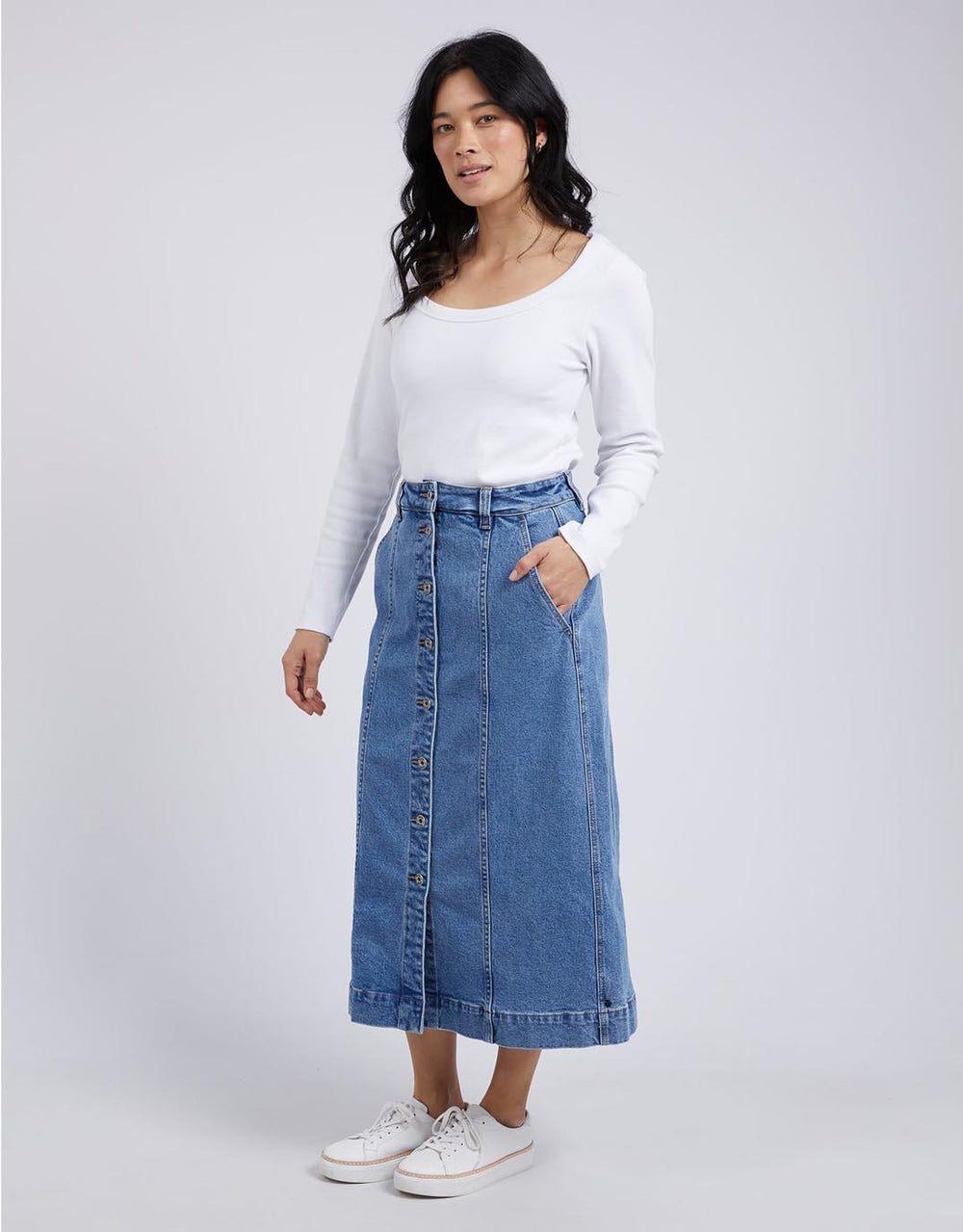 Elm - Florence Button Thru Denim Skirt - Mid Blue Denim - White & Co Living Skirts