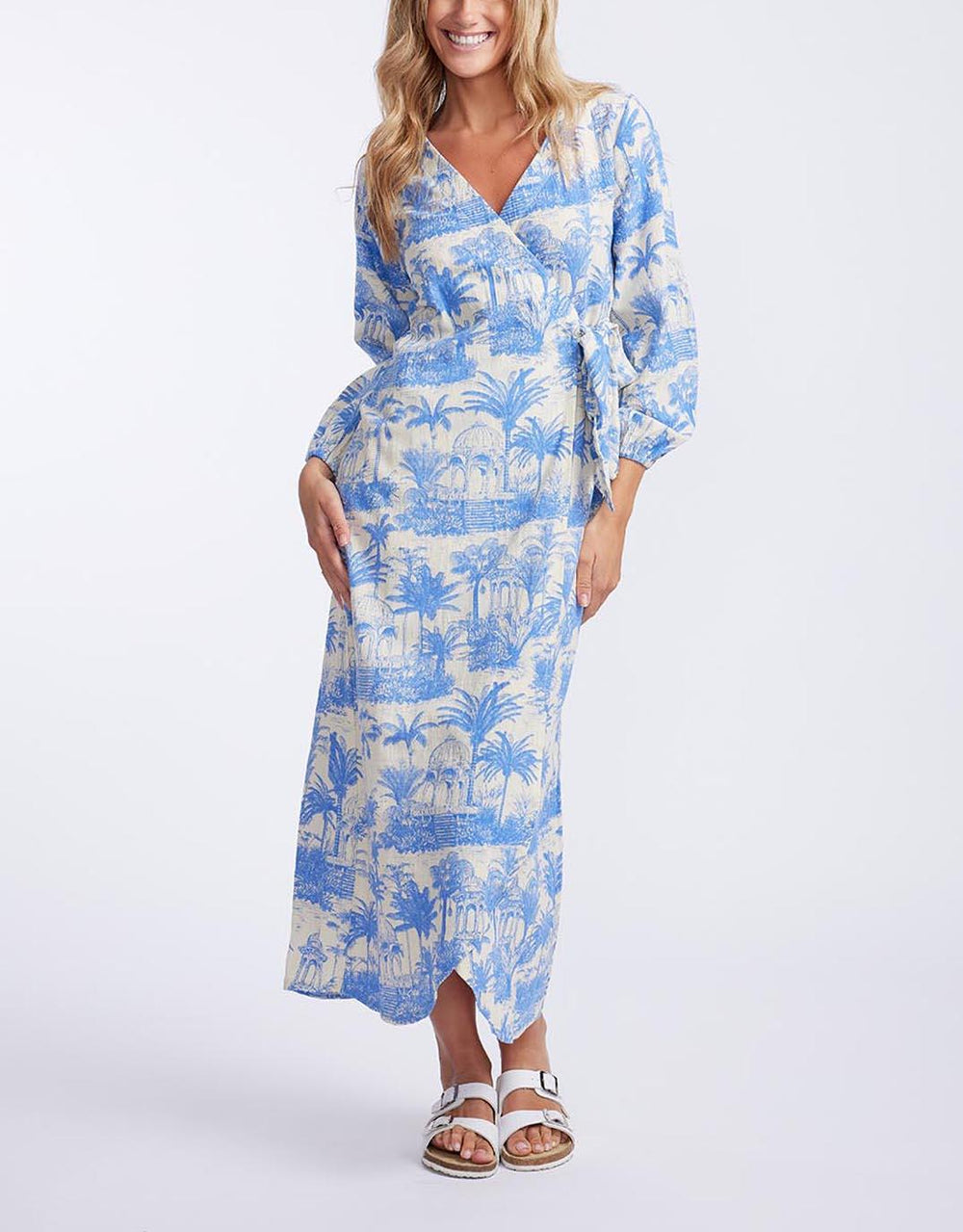 Florencia The Label - Porter Wrap Maxi Dress - Blue Palm Print - White & Co Living Dresses