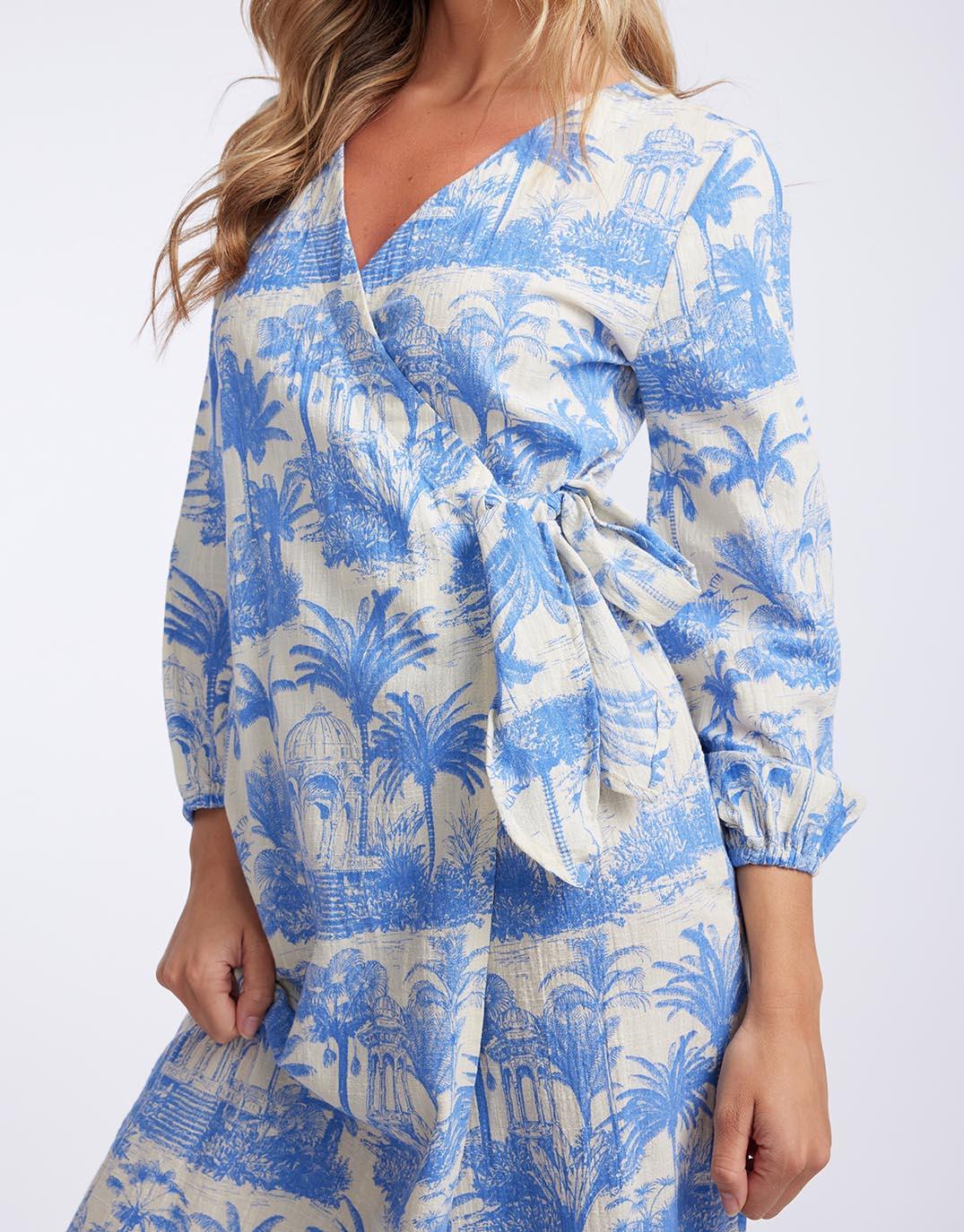 Florencia The Label - Porter Wrap Maxi Dress - Blue Palm Print - paulaglazebrook Dresses