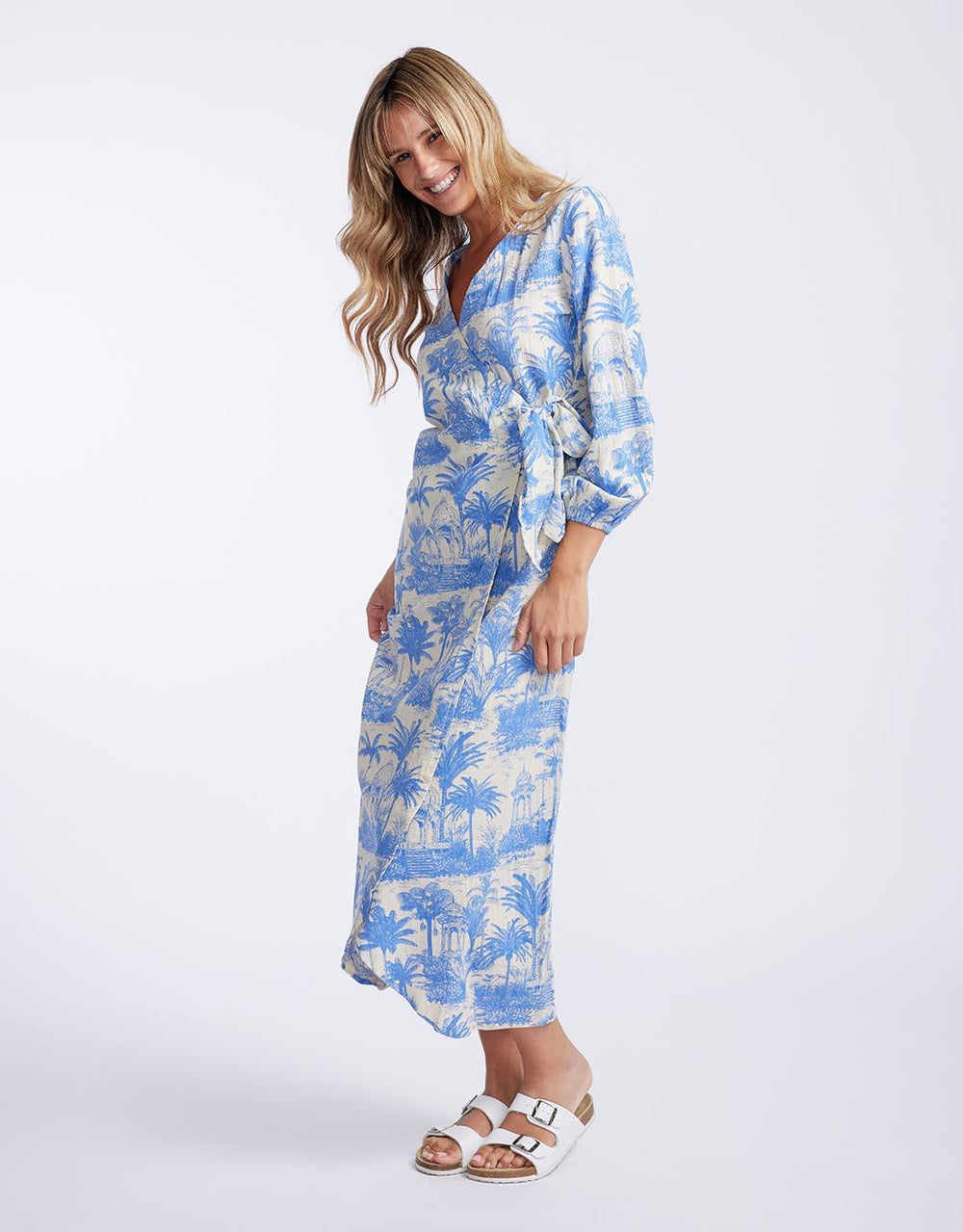 Florencia The Label - Porter Wrap Maxi Dress - Blue Palm Print - White & Co Living Dresses
