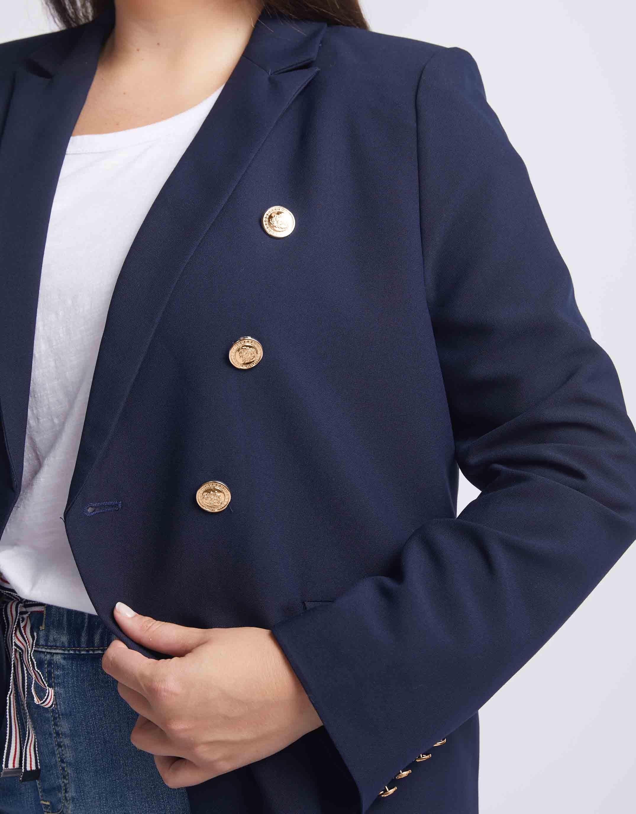 Women's navy blue outlet blazer with gold buttons