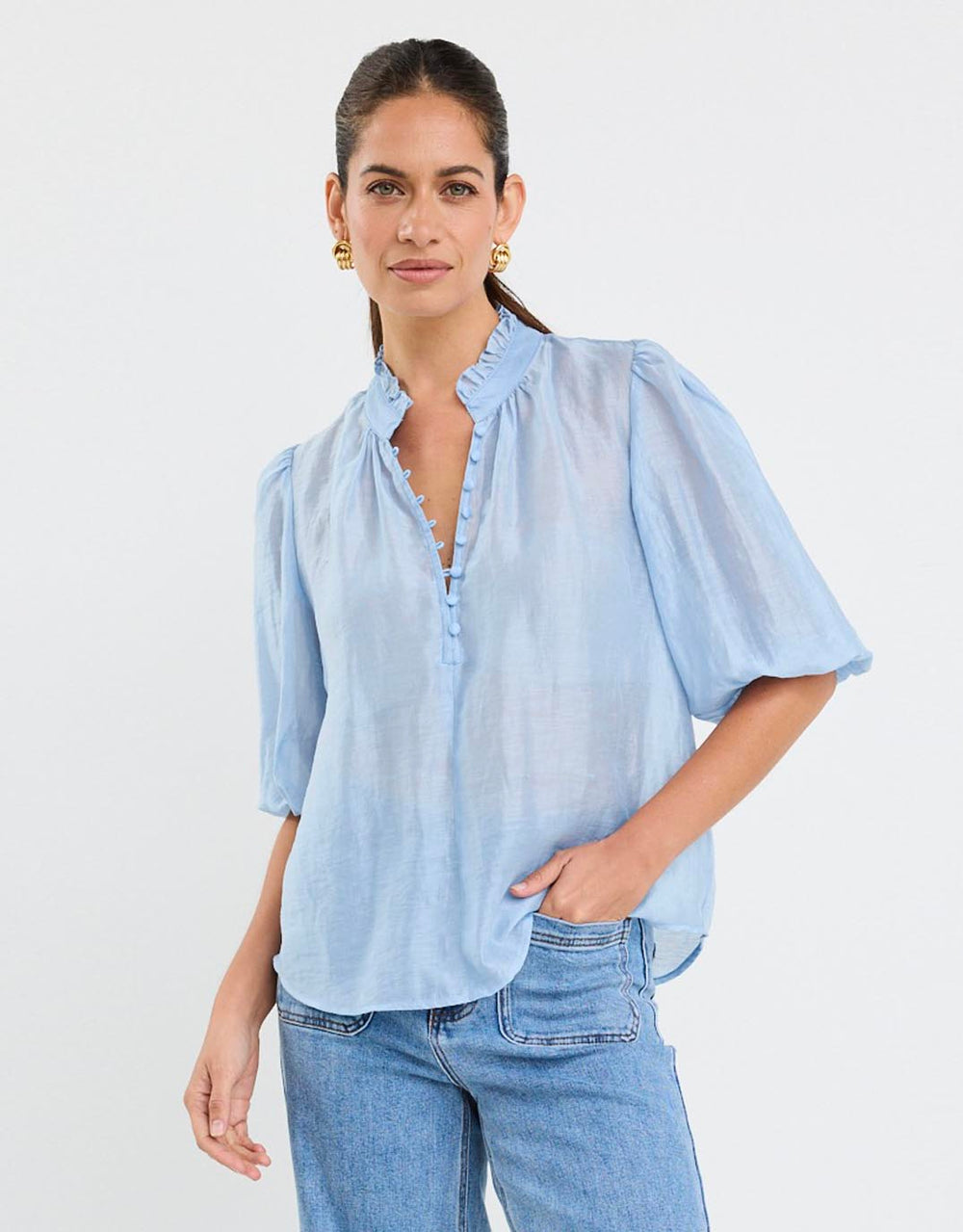 Closure Sheer High Neck Buttoned Top - Pale Blue