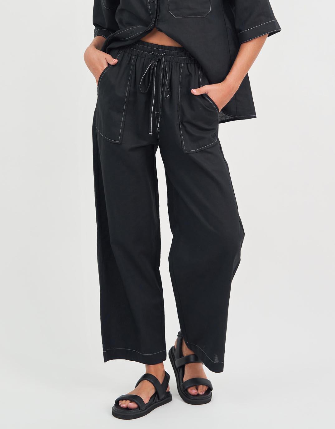 Liberty Rose - Contrast Stitch Linen Pant - Black - White & Co Living Pants