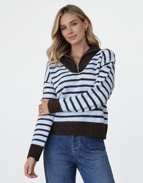 Pippa Stripe Zip Knit - Chocolate/Blue